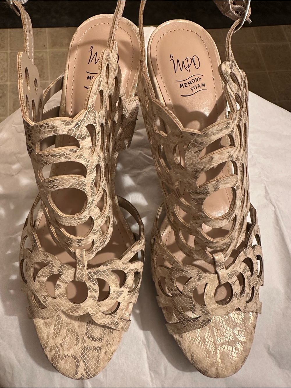 IMPO 11M Beige/Shimmer Cutout Slingback Heels